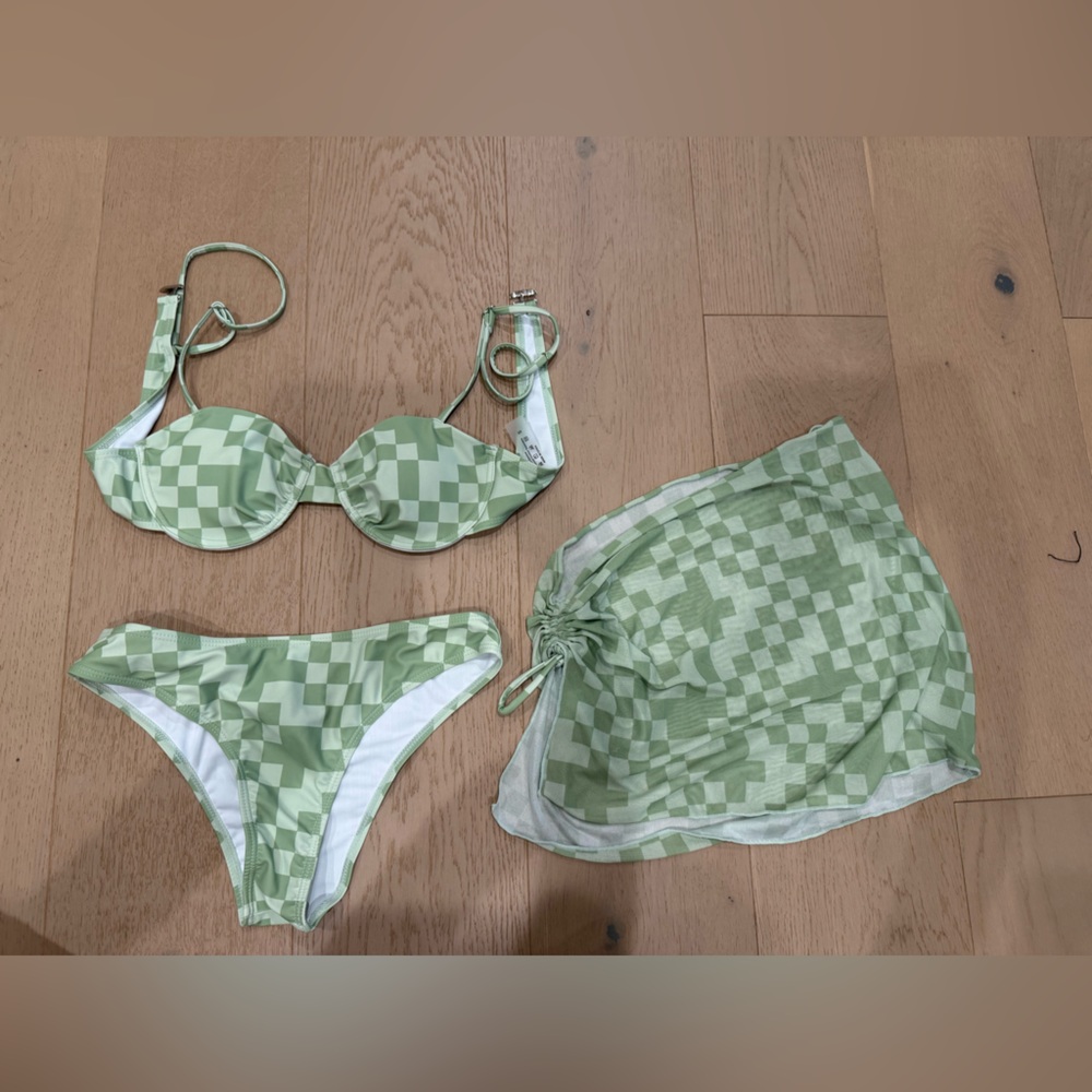 Green Checkerboard Bikini Set with Matching Cover-Up